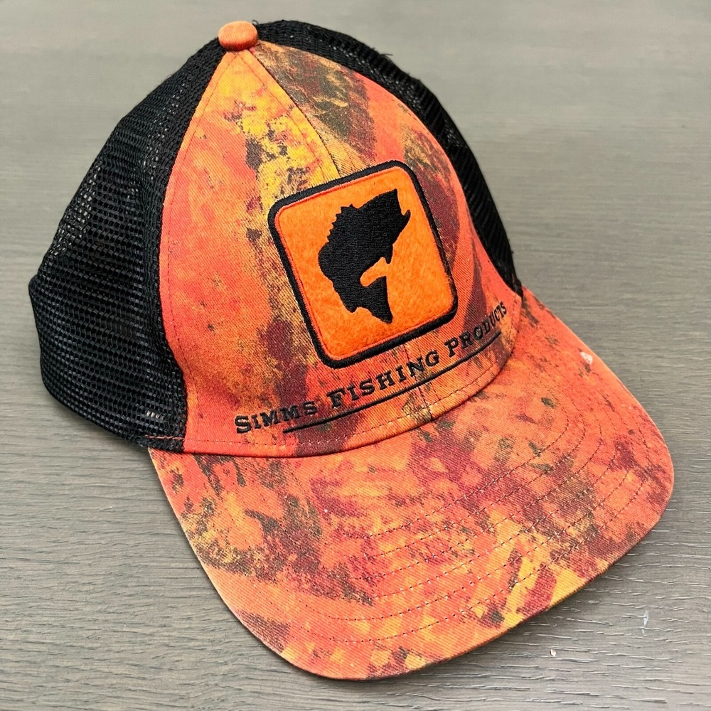 Simms Fishing Bass Patch Trucker Hat Cap Mesh Snapback Orange Fall Camo